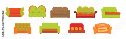 Comfortable Sofa and Couch as Apartment Furniture Vector Set