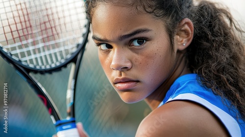 Clear and vivid close-up portrait of a young female tennis player intensely focused with a racket in hand photo