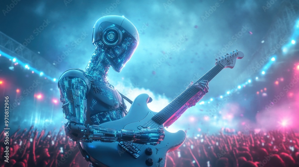 Obraz premium Robo Rock Star: Electrifying Solo Under Stage Lights