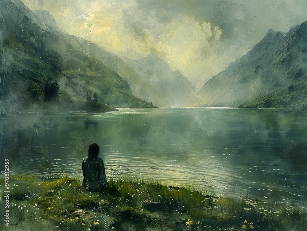 Solitude by the Lake: A Serene Mountain Landscape Painting Solitude by the Lake: A Serene Mountain Landscape Painting