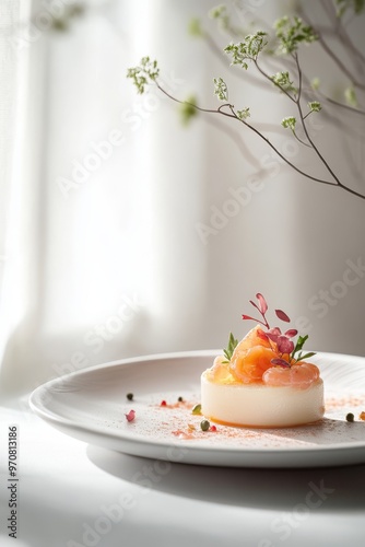 A beautifully plated dessert featuring fruit and garnishes, elegantly arranged on a white dish.