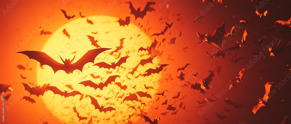 A dramatic sunset scene filled with bats flying against a bright orange sun. A dramatic sunset scene filled with bats flying against a bright orange sun.