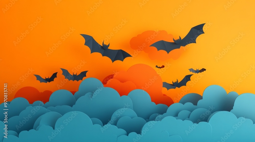 A whimsical scene of bats flying over colorful clouds at sunset. A whimsical scene of bats flying over colorful clouds at sunset.