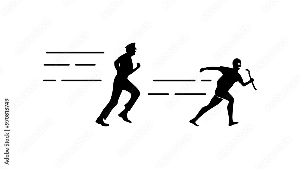 policeman catching robber, black isolated silhouette policeman catching robber, black isolated silhouette