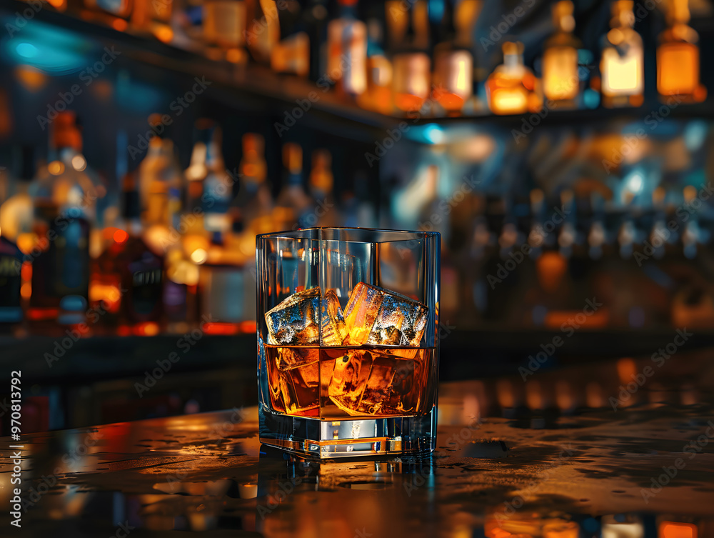 Strong alcohol in a glass with ice on the bar counter. Neural network AI generated art Strong alcohol in a glass with ice on the bar counter. Neural network AI generated art