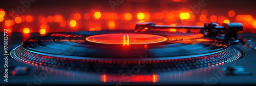 DJ Turntable with Red Lights and Bokeh Background