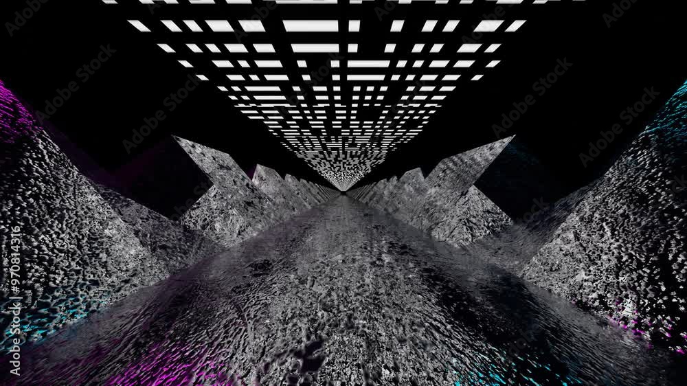 endless forward movement through a gray tunnel with a rough texture illuminated by white light. looped abstract animation. 3d render