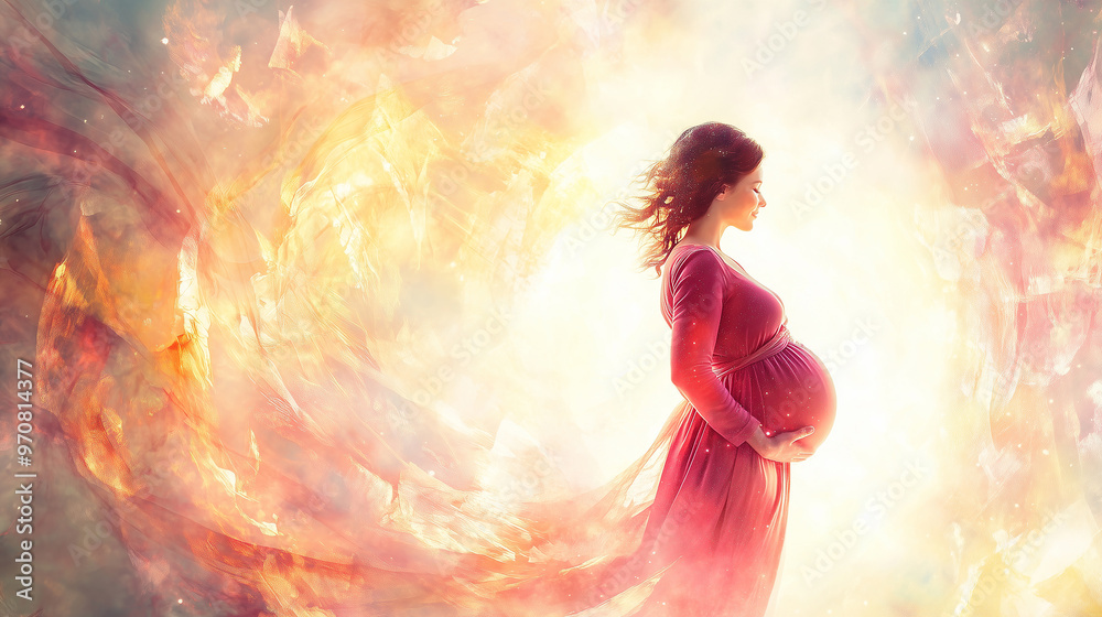 Digital illustration of a serene mother-to-be, glowing with joy and surrounded by soft, ethereal lights, symbolizing motherhood, love, and the miracle of life.