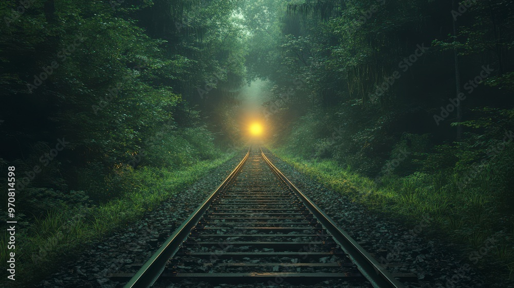 Fototapeta premium Mysterious Train Tracks Through Misty Forest
