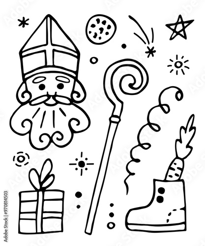 Simple vector drawing with black outline. Sinterklaas, St. Nicholas Day. Set of doodle elements, ink sketch.