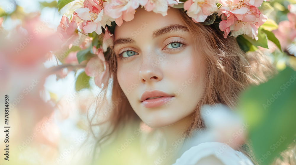 Enchanting portrait of a woodland nymph with flowers in her hair, glowing in soft sunlight, capturing natural beauty, innocence, and a magical connection to nature. Enchanting portrait of a woodland nymph with flowers in her hair, glowing in soft sunlight, capturing natural beauty, innocence, and a magical connection to nature.