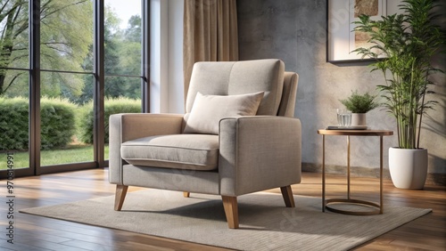 A plush armchair upholstered in soft fabric invites relaxation in your living room, designed to cradle your body