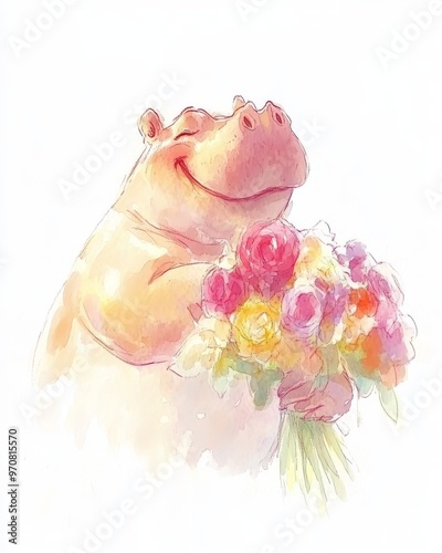 Hand drawn hippopotamus cartoon animal illustrations with jungle tree. Brazilian trendy design. Cute isolated tropical summer watercolor hippo.