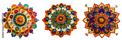 Colorful rangoli design with vibrant shades of blue, orange, and green in an intricate floral circular arrangement isolated on a white background, png photo