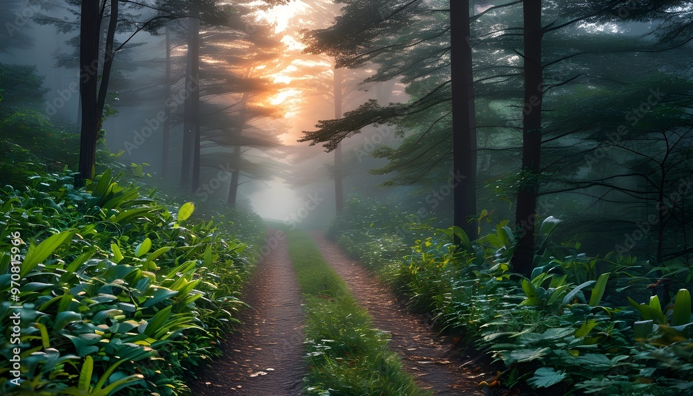 Tranquil Misty Forest Pathway at Dawn: A Serene Journey Through Lush ...