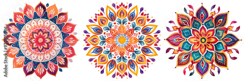 Wallpaper Mural Bright and vibrant rangoli art with multiple colors and intricate detailing in a circular floral pattern isolated on a white background, png Torontodigital.ca