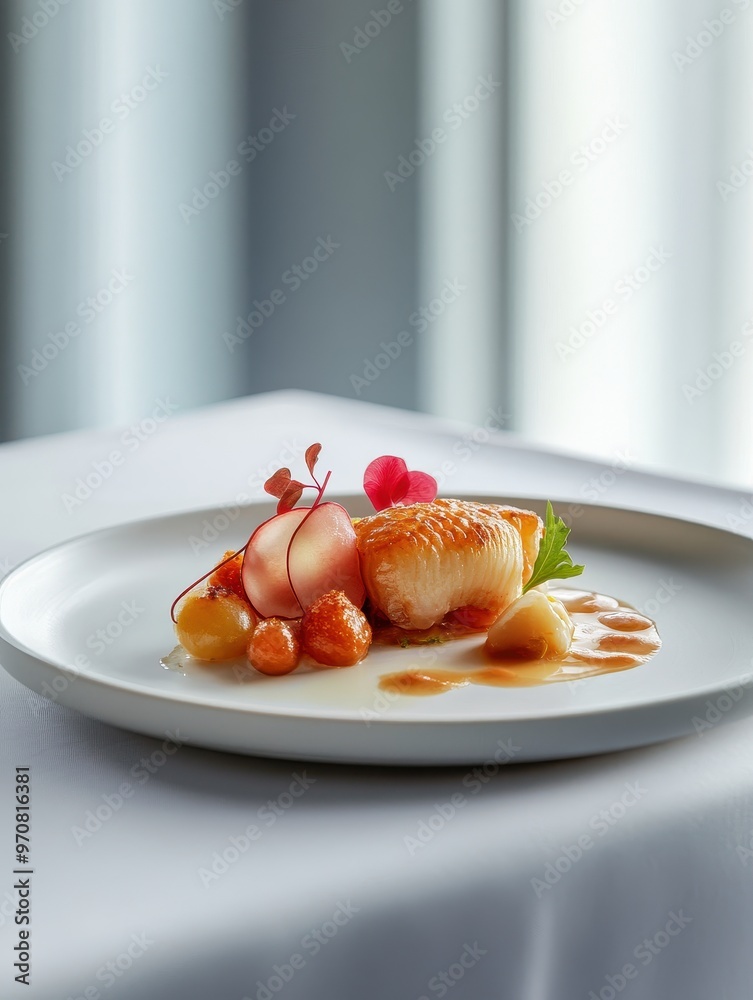 A beautifully plated dish featuring fish, garnished with fruits and sauce on a fine dining table. A beautifully plated dish featuring fish, garnished with fruits and sauce on a fine dining table.
