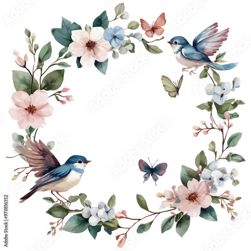 Flower wreath, flowers and leaves with birds and butterflies making a circle in watercolor painting on a white background, Vector, drawing, illustration, clip art