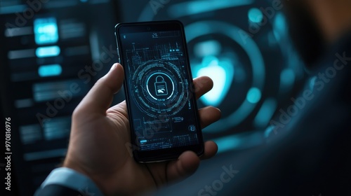 Close-up of a hand holding a smartphone with a digital lock icon on the screen in front of a glowing computer monitor.