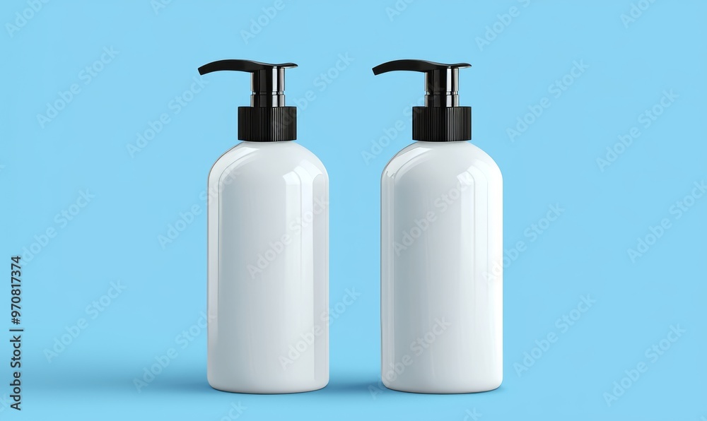 Realistic 3D modern illustration of gel container and dispenser set made of white opaque plastic and transparent glass. Realistic 3D modern illustration of gel container and dispenser set made of white opaque plastic and transparent glass.