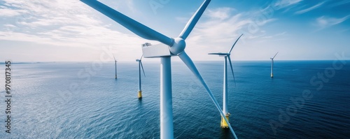 Aerial view of white wind turbines on the ocean