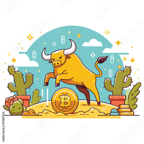 Cartoon bullish yellow bull with Bitcoin symbol, digital illustration, financial investments banner