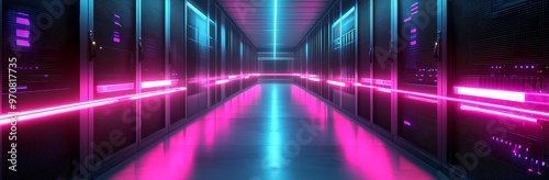 Detailed 3D illustration of modern tunnel with digital information and database warehouse supercomputer in neon blue and pink light.