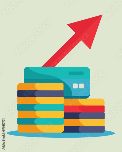 A stack of credit cards with a red arrow pointing upwards indicating the rising amount of owed money.. Vector illustration