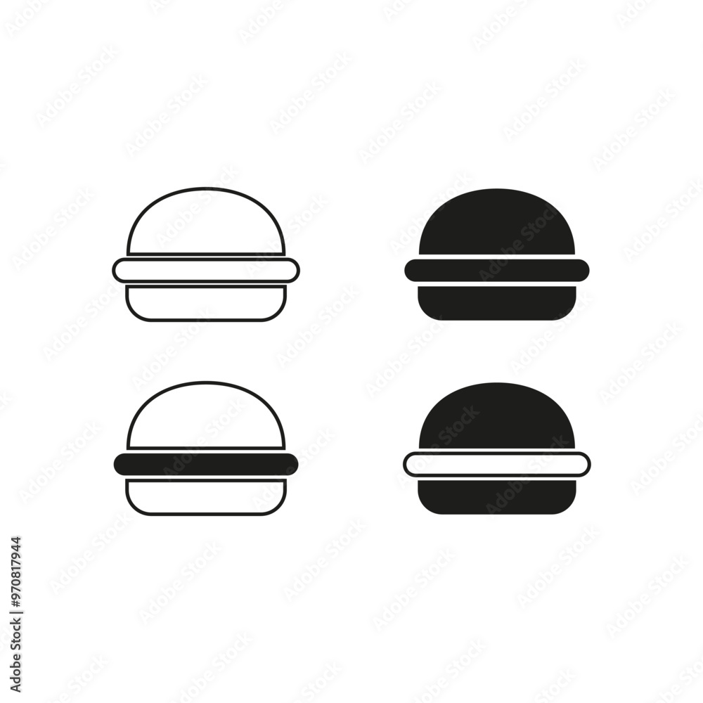 Burger icon set. Minimalist hamburger shapes. Simple line and solid style. Black and white icons. Burger icon set. Minimalist hamburger shapes. Simple line and solid style. Black and white icons.