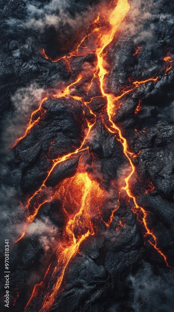 Molten lava flowing through volcanic rock with Molten lava flowing through volcanic rock with