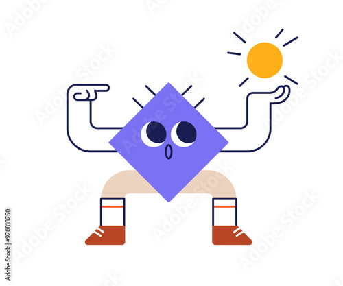 Geometric character, cute funny shape, showing sun, summer holiday. Humor com...