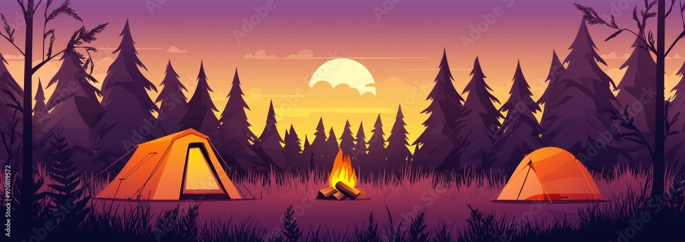 Adorable trail vacation background with a sunset camp tent and mountain landscape. This camping adventure illustration depicts a family camping vacation with picnics and hiking activities. Nature Adorable trail vacation background with a sunset camp tent and mountain landscape. This camping adventure illustration depicts a family camping vacation with picnics and hiking activities. Nature