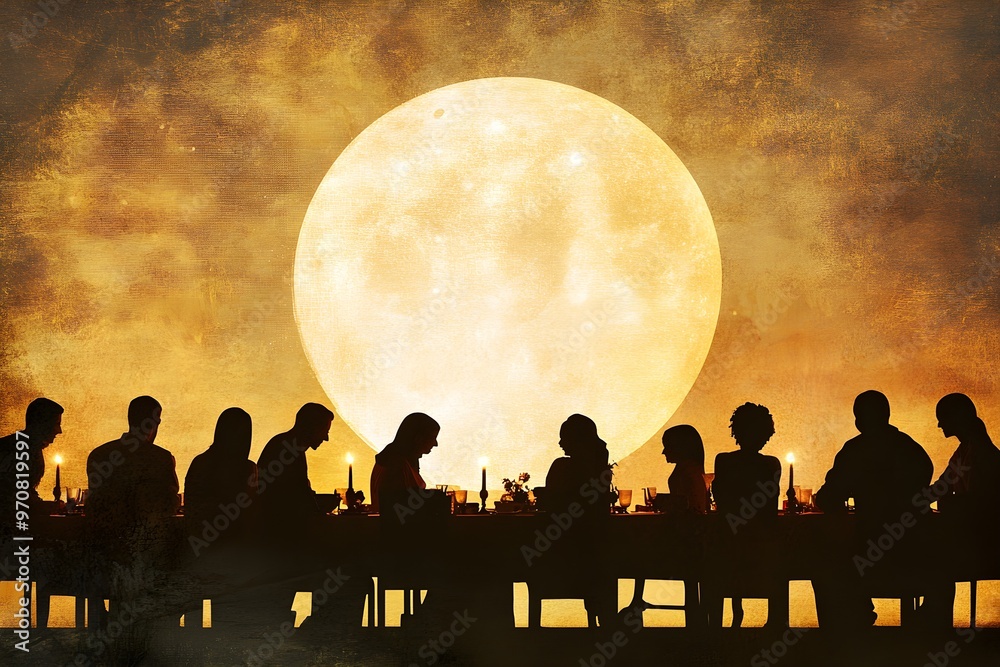 A group of people are sitting around a table with a large moon in the background A group of people are sitting around a table with a large moon in the background