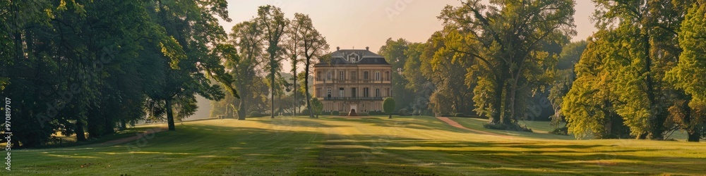 Scenic green pasture perfect for horseback riding set against an ornate classical estate