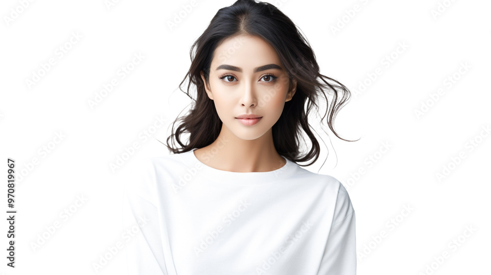 Asian model with perfect eye makeup showcasing beauty spa and skin care treatments on transparent background PNG. Asian model with perfect eye makeup showcasing beauty spa and skin care treatments on transparent background PNG.