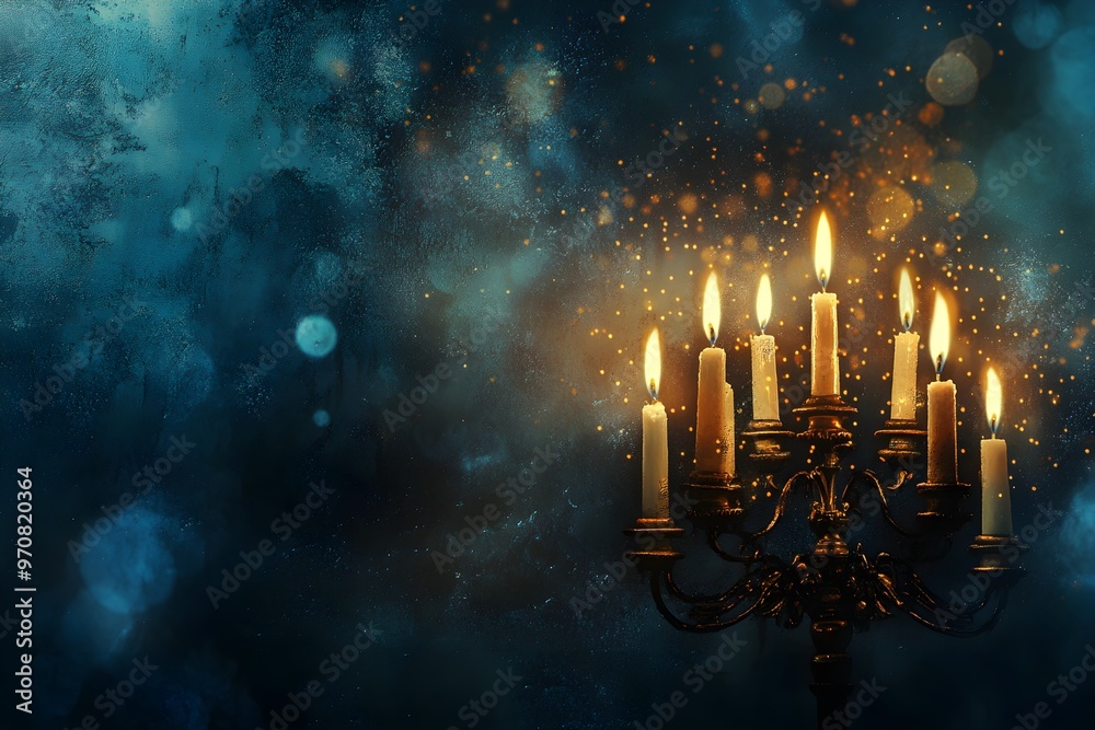 A candle holder with seven candles is lit A candle holder with seven candles is lit