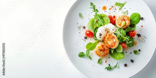 A beautifully plated dish featuring scallops, greens, and cherry tomatoes for culinary presentation.