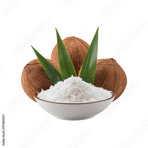  Coconuts with coconut flakes in a bowl