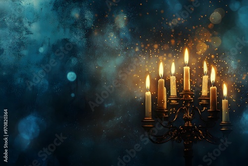 A candle holder with seven candles is lit photo