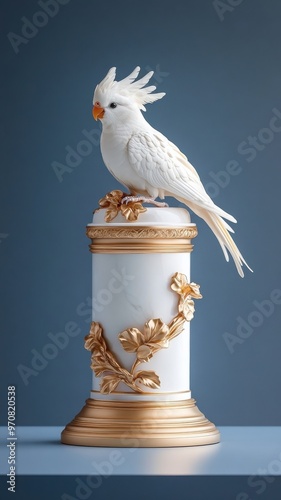 A Cockatiel perched gracefully on a chrome, golden podium with exquisite detailing.
