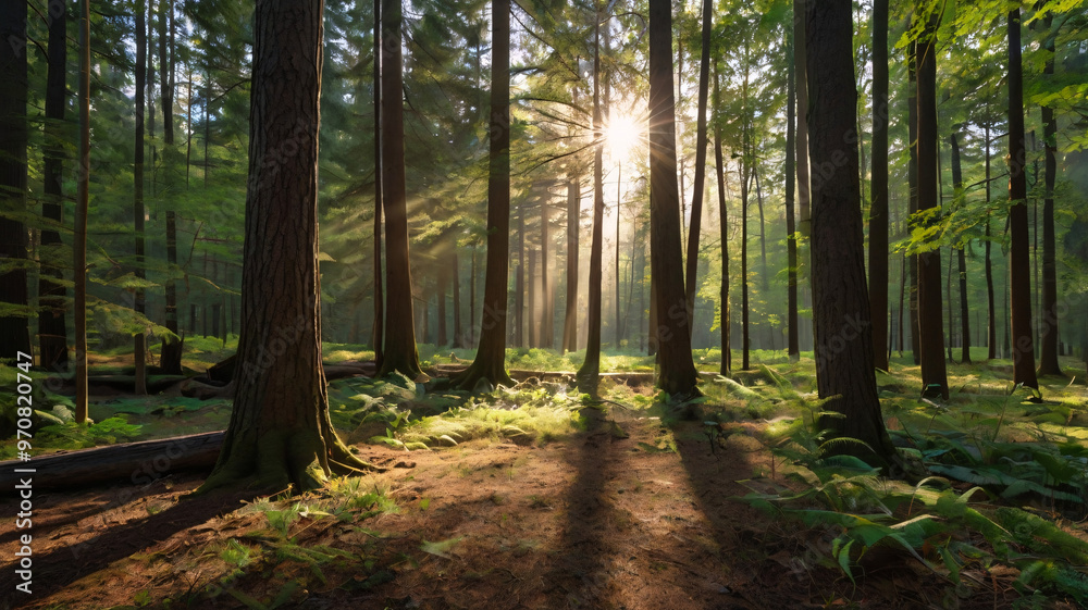 A tranquil forest scene with tall trees A tranquil forest scene with tall trees