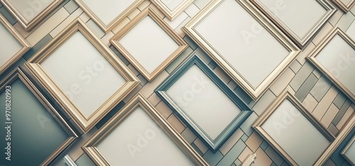 Photo frame on wall. 3d white picture gallery. Black border layout design with blank image template mockup. Exhibition framework group show for portfolio album presentation.