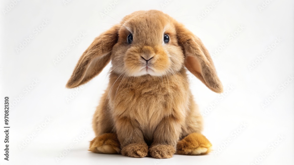 A small, fluffy brown toy bunny perches on a crisp white background, its long, floppy ears comically oversized. A small, fluffy brown toy bunny perches on a crisp white background, its long, floppy ears comically oversized.
