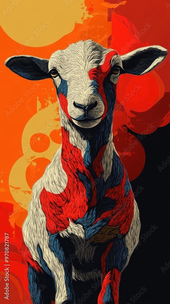 Fototapeta premium Stylized sheep, depicted with sharp lines, contrasting colors, and a unique, modern aesthetic, creating a striking visual impact.