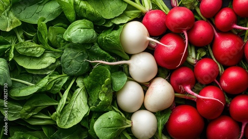 A display of colorful radishes (Raphanus sativus) with their bright red bulbs and green leaves photo