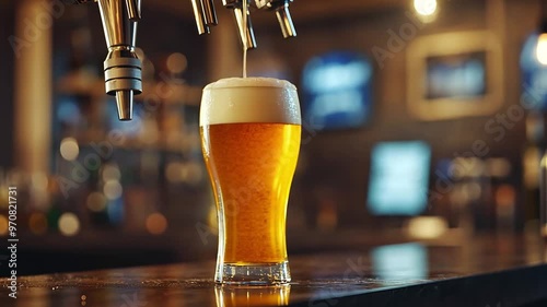 Cold beer poured into glass from crane in pub background photo