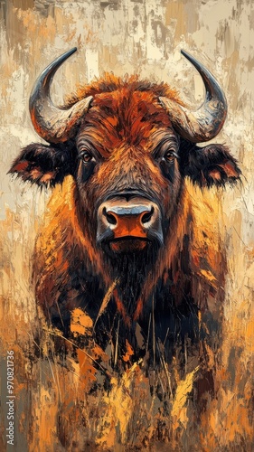 Oil painting style, a majestic buffalo in warm, earthy tones with detailed fur and powerful expression, set against a natural landscape. photo