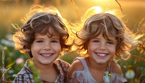 Sunny Morning Bliss of a Joyful Child in a Field, Embracing Happiness and Innocence with Wavy Hair on a Bright Summer Day photo