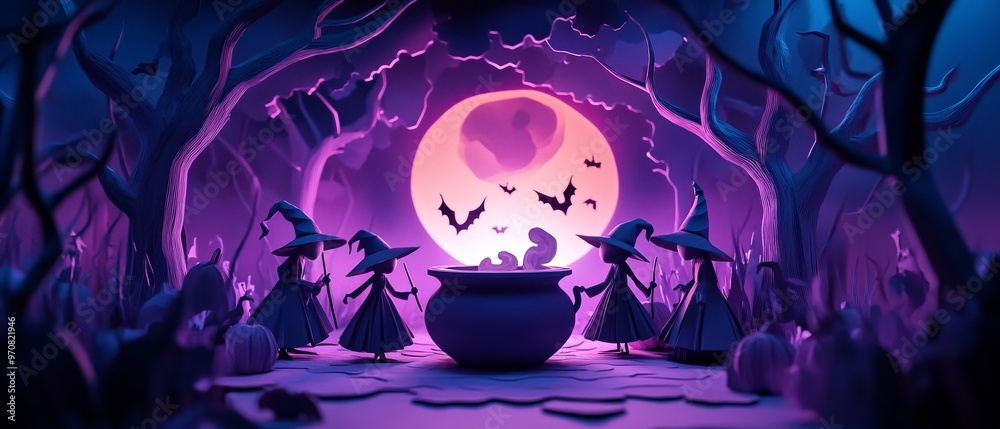A mystical scene with witches around a cauldron under a full moon. A mystical scene with witches around a cauldron under a full moon.