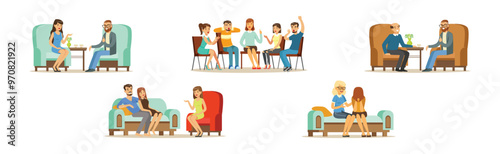 People Character Visit Psychologist Having Psychotherapy Vector Set